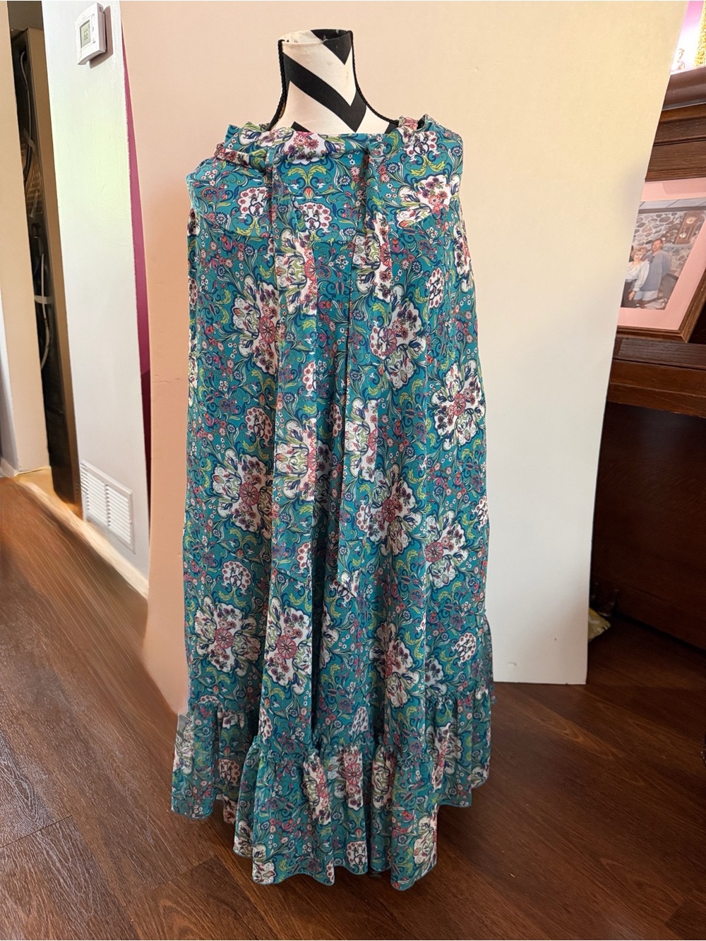 Teal Floral Maxi Skirt with Ruffle Hem
